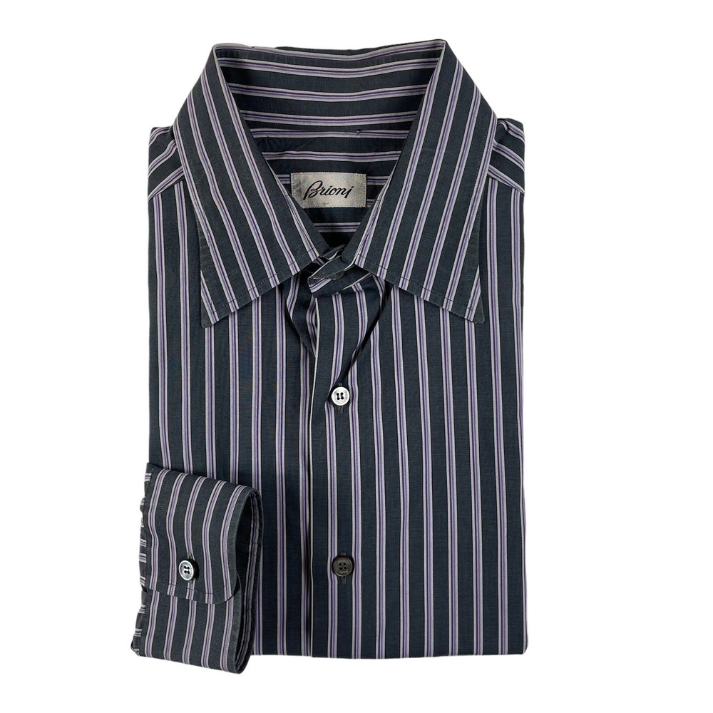 Brioni Mens Blue Purple Striped Cotton Button Front Shirt XL Made in Italy